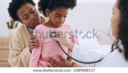 Doctor, little girl and stethoscope for examination in home for health, respiratory system and wellness. Mother, kid and support with paediatrician for listen to heart, lungs or breathing for problem Royalty-Free Stock Photo #2389808117