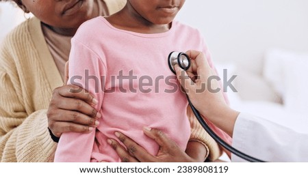 Closeup, child and stethoscope for examination in home for health, wellness or care. Medical professional, doctor and listen to heart, lungs or breathing for illness, virus and respiratory system Royalty-Free Stock Photo #2389808119