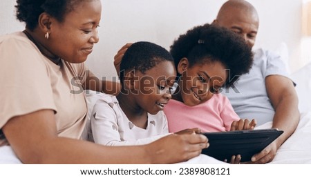 Children, parents and tablet in bedroom for online games, download multimedia and reading ebook. Mom, dad and black family of happy girl kids streaming digital movies, cartoon or subscription at home
