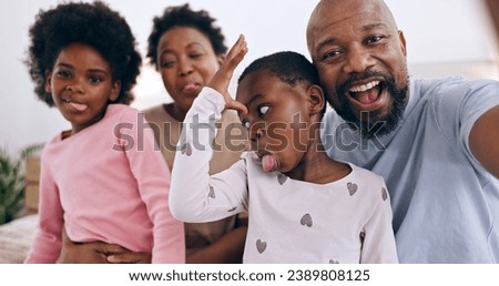 Portrait, funny selfie and black family parents, happy children or people bond, love or care in memory photo. Home face, photography or profile picture of kids, dad and mom pose with crazy tongue out