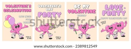 Collection of Happy Valentine's Day greeting cards or posters in funky groovy style. Cartoon romantic 60s, 70s vector illustrations with lovely hearts characters and text. Valentine's day invitation.
