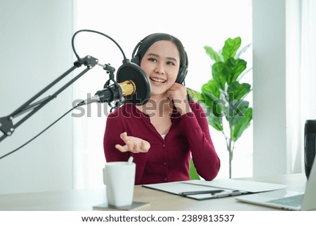 content creator occupation concept. Woman record audio in-home office by condenser microphone