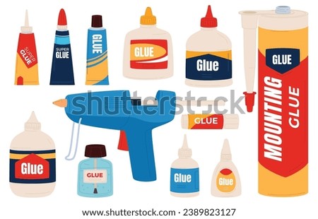 Glue for gluing various types of objects. Tubes with an adhesive substance. Repair and gluing of various redmets. Vector illustration Royalty-Free Stock Photo #2389823127