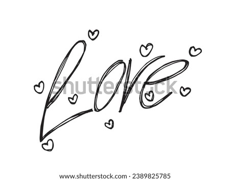 Outline illustration vector image of a love words.
Hand drawn artwork of woman letter love. 
Simple cute original logo.
Hand drawn vector illustration for posters, cards, t-shirts.