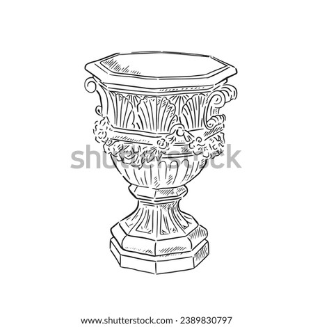 A line drawn illustration of a classic vintage garden urn. Hand drawn on Procreate using an Apple Pencil. Royalty-Free Stock Photo #2389830797