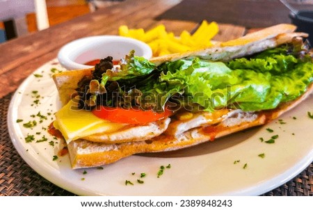 Baguette or sandwich toast bread with chicken tomato salad and potatoes fries in Playa del Carmen Quintana Roo Mexico. Royalty-Free Stock Photo #2389848243