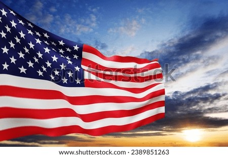 American flag over sun sky background. Veteran's day banner cover with copy space. USA windy flag holiday background.