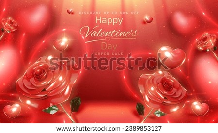Valentine's Day backdrop with 3d rose elements and cute heart on red luxury background with neon light effect and bokeh. Vector illustration.