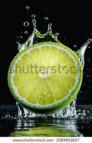 Cutted lime with leaves in water splashes isolated on black background.