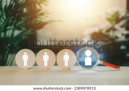 Customer relationship management, CRM. Wood block circle, magnifying glass with global structure customer internet network technology. Human Resource, HR. Customer service, Data exchange development.