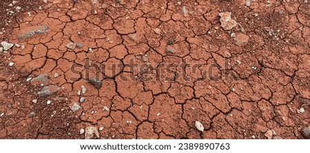 Dry land surface during the dry season, texture abstract background of dry red soil.  Cracked mud pattern with Soil in cracks due to environmental dryness