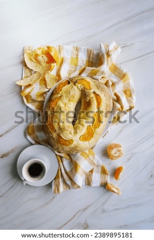 Top view epiphany day dessert with spruce oranges Royalty-Free Stock Photo #2389895181