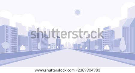 Light violet cityscape background. City buildings with trees beside the road. Monochrome urban landscape with street. Modern architectural panorama in flat style art. Vector illustration wallpaper Royalty-Free Stock Photo #2389904983