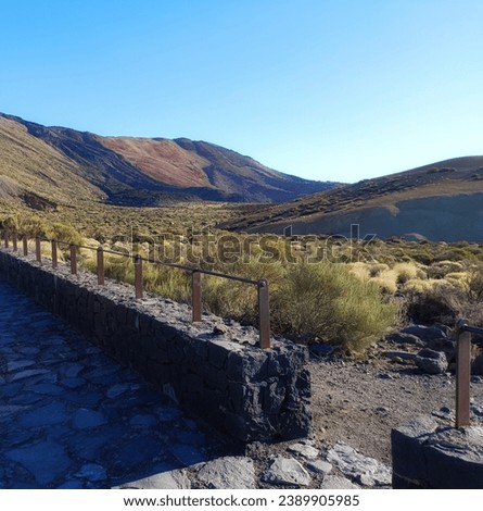 Surroundings of Teide. Volcano located on the Spanish island of Tenerife, you can see the inhospitable terrain, blue sky, large rocks of volcanic origin and typical vegetation. Royalty-Free Stock Photo #2389905985