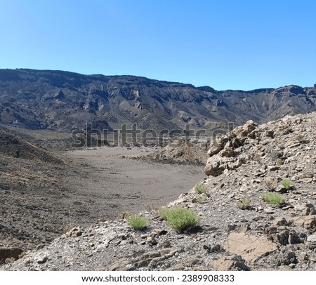 Surroundings of Teide. Volcano located on the Spanish island of Tenerife, you can see the inhospitable terrain, blue sky, large rocks of volcanic origin and typical vegetation. Royalty-Free Stock Photo #2389908333