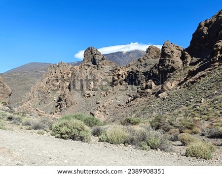 Surroundings of Teide. Volcano located on the Spanish island of Tenerife, you can see the inhospitable terrain, blue sky, large rocks of volcanic origin and typical vegetation. Royalty-Free Stock Photo #2389908351