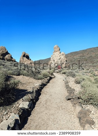 Surroundings of Teide. Volcano located on the Spanish island of Tenerife, you can see the inhospitable terrain, blue sky, large rocks of volcanic origin and typical vegetation. Royalty-Free Stock Photo #2389908359