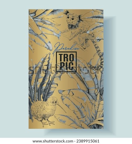 Vector tropical banner with palm leaves, monkey and kiwi bird on gold background. Luxury exotic botanical design for cosmetics, wedding invitation, spa, perfume, beauty, travel, packaging design