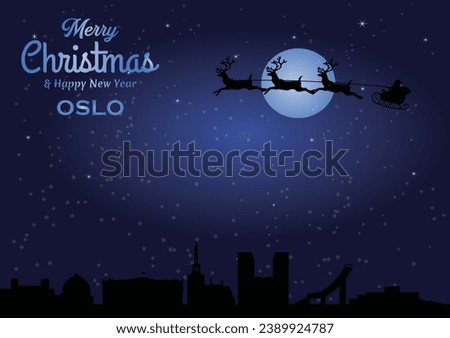 Christmas and New year dark blue greeting card with Santa Claus silhouette and black panorama of the city of Oslo