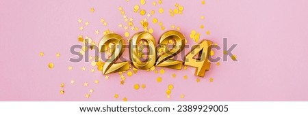 happy new year 2024 banner. New year holidays card with golden confetti on pink background. Horizontal background, header, poster, card with copy space