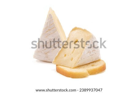Brie cheese. Camembert cheese. Fresh Brie cheese on a piece of bread. Baguette crackers. Italian, French cheese isolated on a white background. 