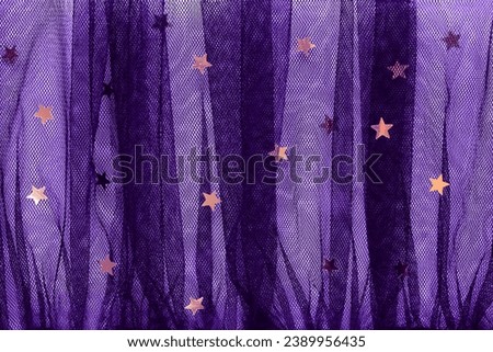 Lavender chiffon texture tissue background: elegant folded violet mesh fabric tulle, holiday dress lace textile. Transparent festive purple cloth, luxurious birthday, yellow golden stars