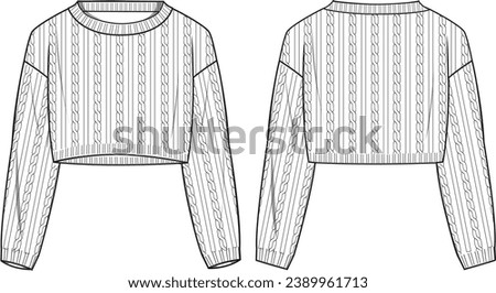 Women's Cable, Crop Jumper. Technical fashion illustration. Front and back, white color. Women's CAD mock-up. Royalty-Free Stock Photo #2389961713