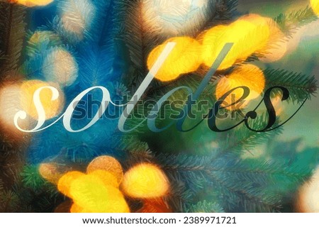 a background picture of festive bokey blurry christmas lights during the holiday season and french sale sign.