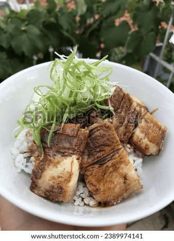 Pork belly "Domburi" with tare sauce and green onion on top of Japanese rice in a white bowl Royalty-Free Stock Photo #2389974141