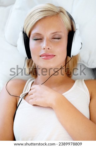 Home, headphones and woman with music, streaming sound and listening with radio, peace or calm. Zen person, technology or girl with headset, podcast audio or playlist with connection, bedroom or song
