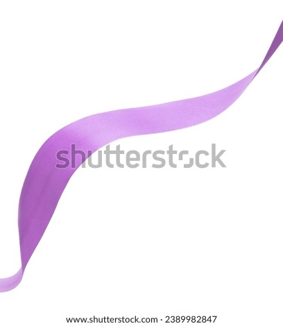 Purple Violet ribbon long straight fly in air with curve roll shiny. Purple Violet ribbon for present gift birthday party to wrap around decorate and make long straight. White background isolated