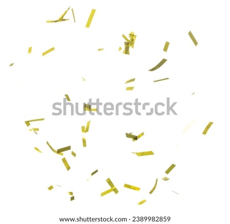 Golden Confetti Foil fall splashing in air. Gold Confetti Foil explosion flying, abstract cloud fly. Many Party glitter scatter in many group. White background isolated high speed shutter freeze Royalty-Free Stock Photo #2389982859