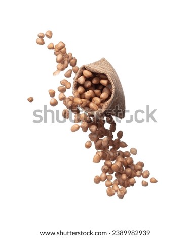 Peanut flying in sack bag, brown grain peanuts throw abstract float. Beautiful complete seed pea peanut sack bag splash in air, food object design. White background isolated high speed shutter freeze
