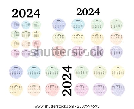 Set of three calendars for 2024 in different forms isolated on a white background. Sunday to Monday, business template. Vector illustration