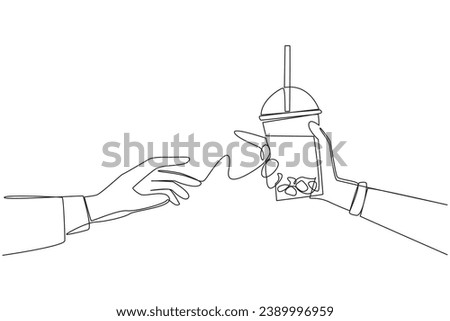 Single one line drawing hand giving boba drink. Refreshing drink that is high in sugar content. Drinks containing carbohydrates. Refreshing drink in summer. Continuous line design graphic illustration
