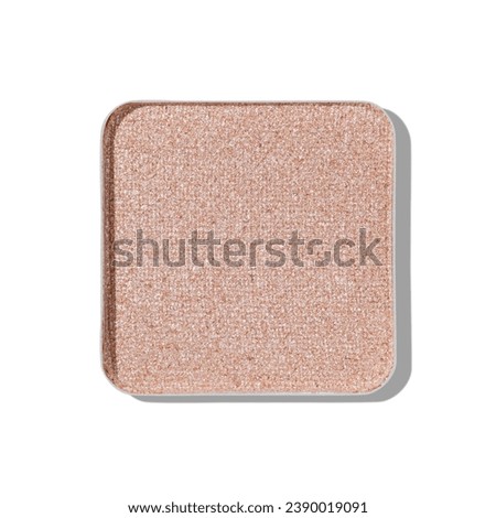 Top view eye shadow glitter beige pink swatch, object isolated on white background with shadow, sparkling eyeshadow, shiny colored powder for festive makeup, square shape metal pack, beauty texture
