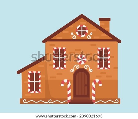 Gingerbread house concept. Pastry and homemade bakery product for Christmas and New Year. Dessert for winter holidays. Cartoon flat vector illustration isolated on blue background Royalty-Free Stock Photo #2390021693