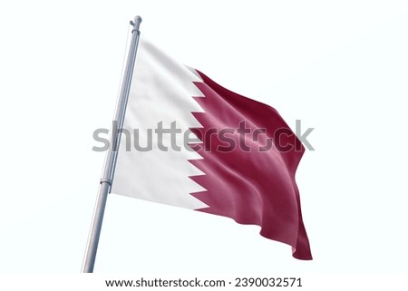 Waving flag of Qatar in white background. Qatar flag for independence day. The symbol of the state on wavy fabric. Royalty-Free Stock Photo #2390032571