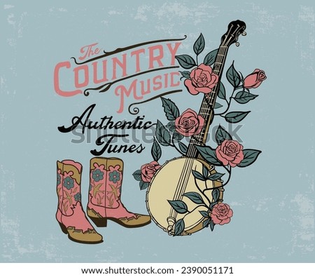 country music print design, banjo with rose and boots vector illustration, western music club, country music artwork for t shirt, sticker, poster, graphic print, cowboy music fest 