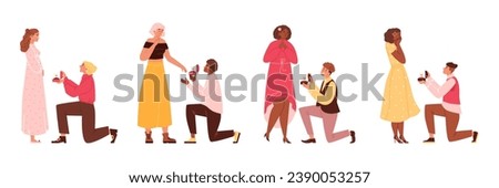 Marriage proposal people set, flat vector illustration isolated on white background. Diverse people in love. Happy couples. Men standing on one knee with diamond ring box. Engagement concept. Royalty-Free Stock Photo #2390053257