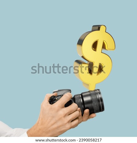 Man with photo equipment and dollar symbol getting income by camera shooting his keen eye for capturing is not only a source of creative fulfillment but also a means of financial prosperity