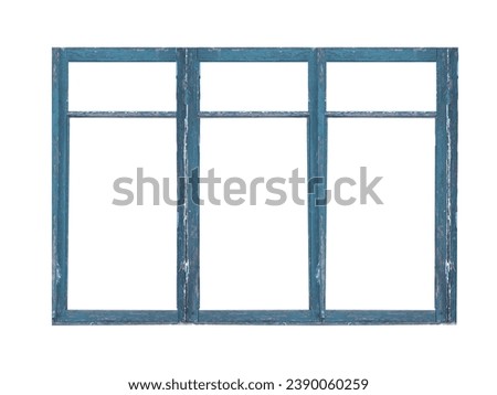 Old big blue wooden window frame with six sashes isolated on white background. Royalty-Free Stock Photo #2390060259