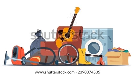 Big heap of trash. Electronic appliances, furniture, old clothes, broken equipment. Waste pile. Unwanted technology devices, not working digital rubbish, dangerous used materials. Vector illustration Royalty-Free Stock Photo #2390074505