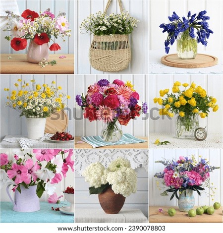 bouquets of garden flowers. a set of summer pictures with a rural still life. flowers in a vase or jug. daisies and poppies, peonies and asters.