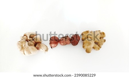 herbs and spices
which are often found in Southeast Asia, fresh unpeeled shallots, garlic and ginger.
