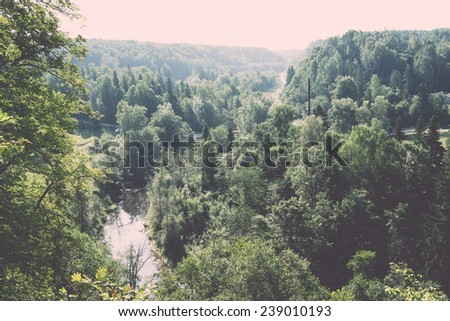 view to the mountain river in summer surrounded by forest and sandstone cliffs - vintage retro film look