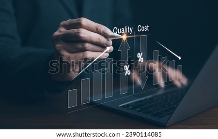 Quality increase and cost optimization for products or services to improve efficiency. Businessman use computer with quality control growth graph and cost reduction, Effective business, Efficient Risk Royalty-Free Stock Photo #2390114085