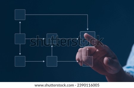 Businessman Analyzing Workflow Virtual Mind Map on Screen Process Automation and Management Royalty-Free Stock Photo #2390116005