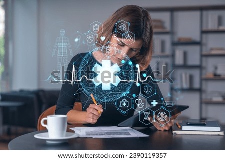 Businesswoman holding tablet device, touching screen. Office workplace. Concept of digital network in medical industry, Distant work, business education, information technology.
