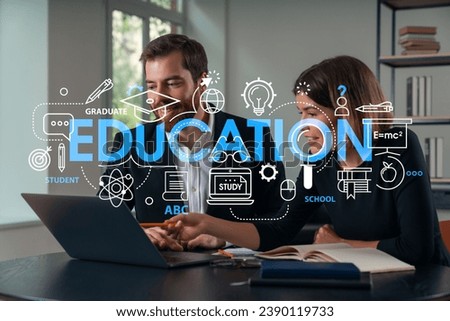 Thoughtful businesspeople working on laptop at office workplace. Concept of team work, business education, internet surfing, brainstorm, project information technology. Education hologram